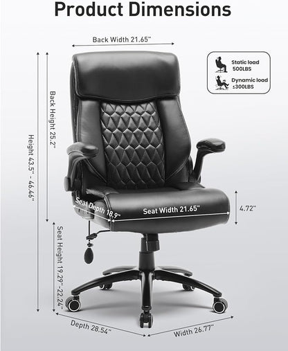 500LBS Big and Tall Office Chair, Heavy Duty Office Desk Chair with Padded Flip-Up Arms, Adjustable Lumbar Support & Tilt Lock, High Back Ergonomic Executive Computer Chair for Work & Study, Black