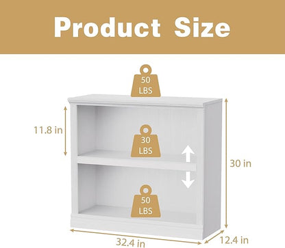 blini 2-Shelf White Bookcase Wooden Bookshelves 33in Wide Floor Standing Display Storage Shelves Low Bookcase for Home Office, Living Room, Bed Room