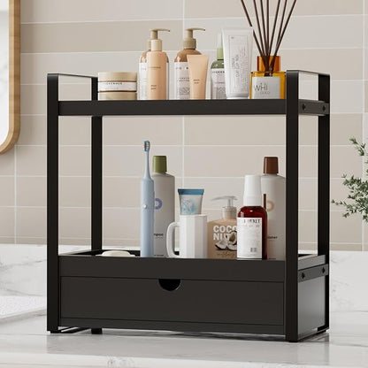 2-Tier Bathroom Organizer Countertop with Drawer, Wood Bathroom Counter Shelf for Storage, Vanity Organizer Countertop for Kitchen, Office