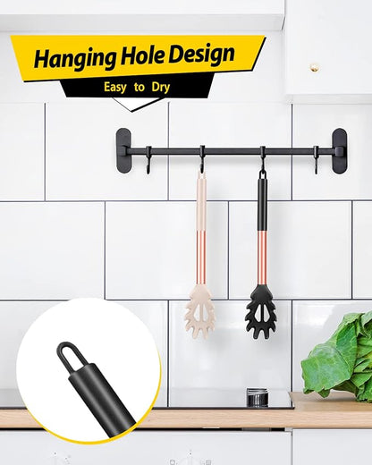 Pack of 2 Silicone Pasta Fork, Kitchen Heat Resistant Noodle Spoon Server, BPA Free Spaghetti Strainer, Best Cooking Tools (ROSE GOLD BLACK-KHAKI)