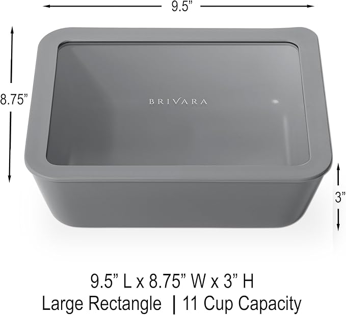BRIVARA HOME Ceramic Coated Glass Food Storage Container | No PTFE, PFOA, PFAS, and BPA | Reusable Non Toxic Meal Prep Container with Glass Lid | Easy To Store | 11 Cup Rectangle [Smoke]