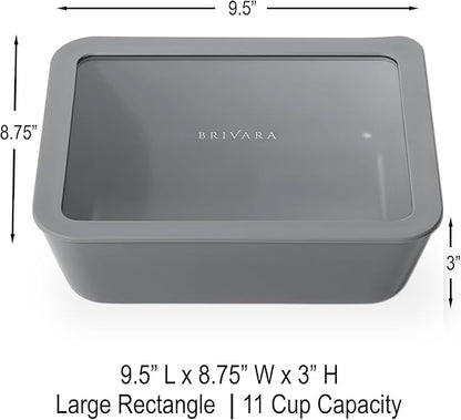 BRIVARA HOME Ceramic Coated Glass Food Storage Container | No PTFE, PFOA, PFAS, and BPA | Reusable Non Toxic Meal Prep Container with Glass Lid | Easy To Store | 11 Cup Rectangle [Smoke]