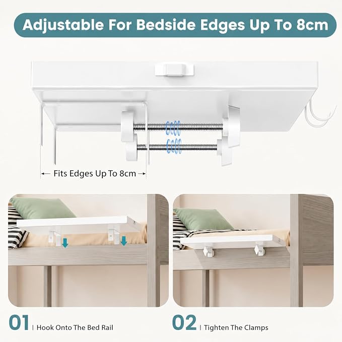 Bedside Shelf Metal, Metal Clip on Bedside Table Shelf for top bunk,Bedside Caddy for College Dorm Room Essentials for Guys(White)