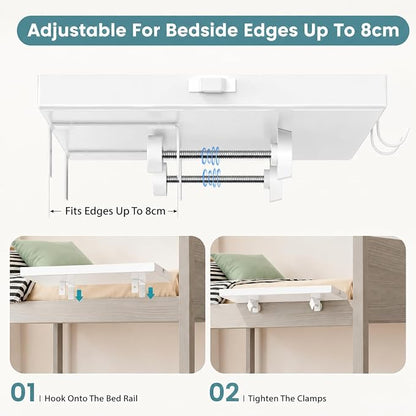 Bedside Shelf Metal, Metal Clip on Bedside Table Shelf for top bunk,Bedside Caddy for College Dorm Room Essentials for Guys(White)