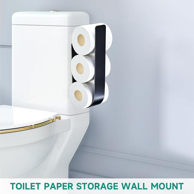 Toilet Paper Storage Wall Mount, Over The Tank Extra Toilet Paper Holder for 3 Rolls Tissue, Metal Tissue Roll Storage Stand for Bathroom, RV Adhesive Loo Roll Holder (Black)
