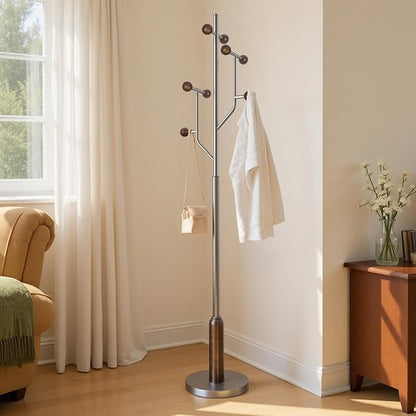Coat Rack Freestanding with Stainless Steel Marble Base, 8 Wood Ball-shaped Hooks, Heavy-Duty Standing Rack Clother Hanger Rack Metal Coat Tree for Bedroom Entryway, Hat, Bags, Long Dresses