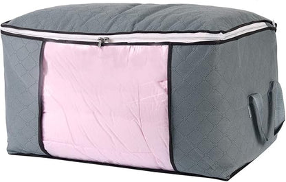 combocube Comforter Storage Bag, Zippered Bag with Large Clear Window and Carry Handles, Space Saver Organizers for Closet, Blanket, Pillow, Quilt, Bedding, Clothes (4Pcs Grey Large)