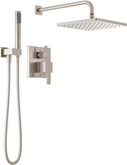 Delta Modern 14 Series Square Rain Shower System Faucet Set, Rainfall Brushed Nickel Shower Head and Handle Set, Valve Trim Kit, 10 Inch, Spotshield Stainless T342701-SP (Valve Not Included)