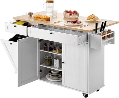 VEVOR Kitchen Island Cart with Storage, 60in Wide Mobile Kitchen Cart with Wheels, Drop Leaf, 2 Drawers, Trash Can Cabinet, Knife Holder, Spice Rack, and Towel Rack, Table for Dining Room, Pantry