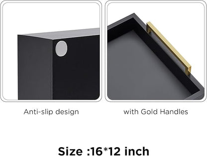 16"x12" Serving Trays with Handles, Black Decorative Serving Tray, Ottoman Trays for, Living Room, Bathroom, and Outdoors Decorative Trays (Black)
