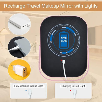 YEKKOPT Lighted Vanity Mirror, Rechargeable Travel Makeup Mirror with Lights, 8''x6'' Desk Mirror with Lights,Make up Mirror with Lighting for Makeup Desk ＆ Dressing Room