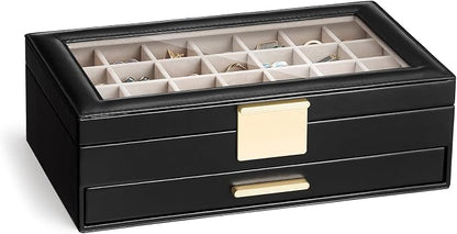 Lolalet Earring Storage Box Case with Glass Top, Large Earring Jewelry Holder Organizer Display with Drawer and Grid, Gift for Girls Women -2 Tiers, Black
