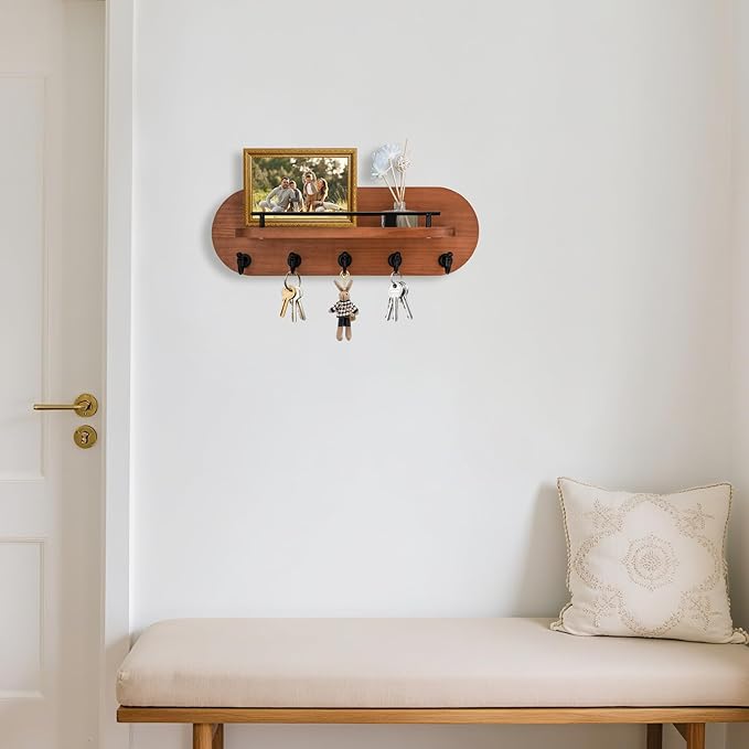 SANY DAYO HOME Key Holder Wall Mount Brown Wood Entryway Rack with 5 Gold Hooks, Metal Shelf Guardrail for Key Organizer, Living Room Decor (Oval, 14" x 5")