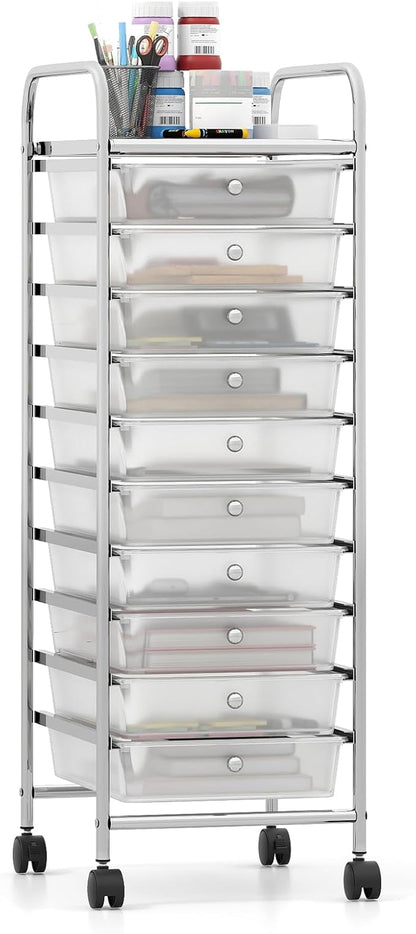 Giantex Rolling Storage Cart with 10 Drawers, Utility Cart with Tabletop, Drawer Organizer with Wheels for Craft Art Paper Tool, Mobile Organization & Sorting for Office Home School School Supplies