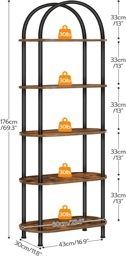 HOOBRO 5 Tier Open Bookshelf, Industrial Arched Bookcase Display Shelf Rack, Wooden Bookcase Storage Shelf Metal Frame, Tall Storage Organizer for Home, Easy Assembly, Rustic Brown BF176SJ01