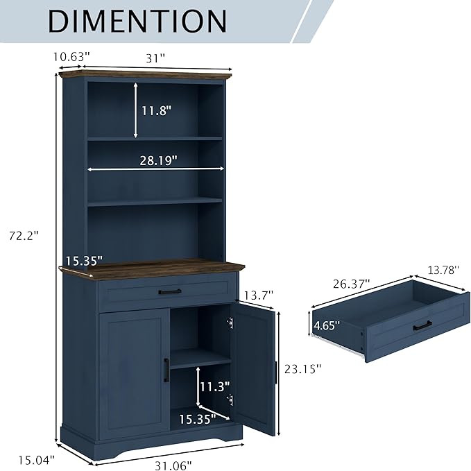 blini Tall Bookshelf with Drawers, 5-Shelf Blue Bookcase, 15" Multi Depth Storage Cabinet with Adjustable Shelves, Large Bookcases for Home Office, Living Room & Bedroom
