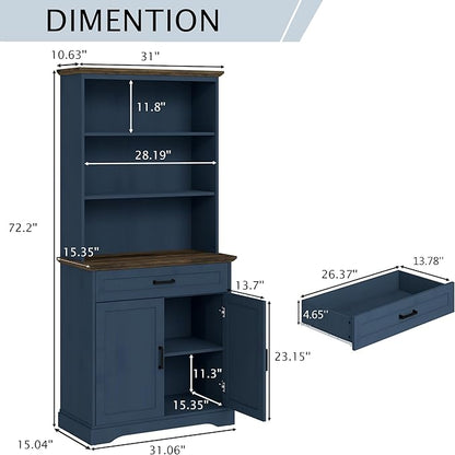 blini Tall Bookshelf with Drawers, 5-Shelf Blue Bookcase, 15" Multi Depth Storage Cabinet with Adjustable Shelves, Large Bookcases for Home Office, Living Room & Bedroom