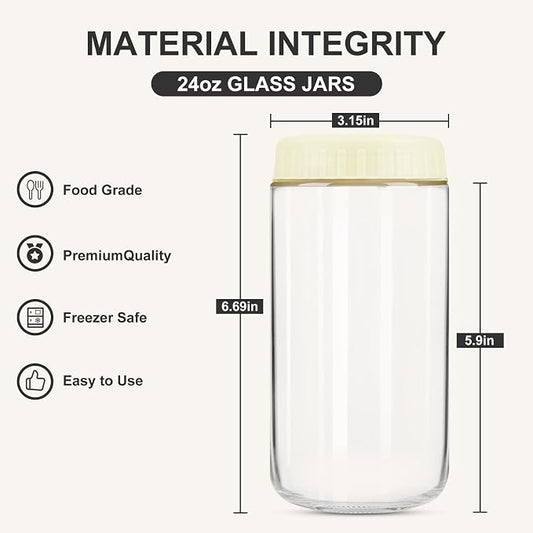 SHOWIN Overnight Oats Containers with Lids, 24oz Glass Jars with Lids 2 pcs, Milk White, Wide Mouth Mason jars for Salad, Yogurt, Snacks, Meal Prep