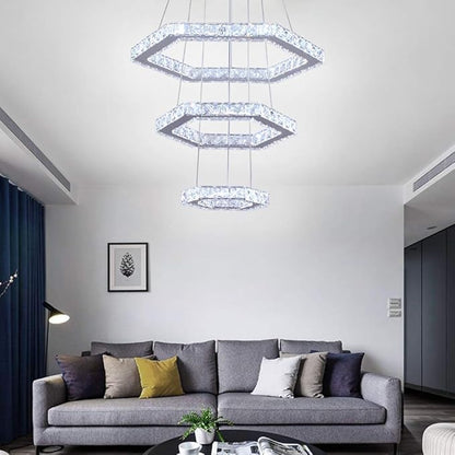 Modern Crystal Chandeliers Big 3 Rings LED Ceiling Light Adjustable Stainless Steel Pendant Light for Bedroom Living Room Dining Room (6500K Cool White)(25cm+35cm+45cm)