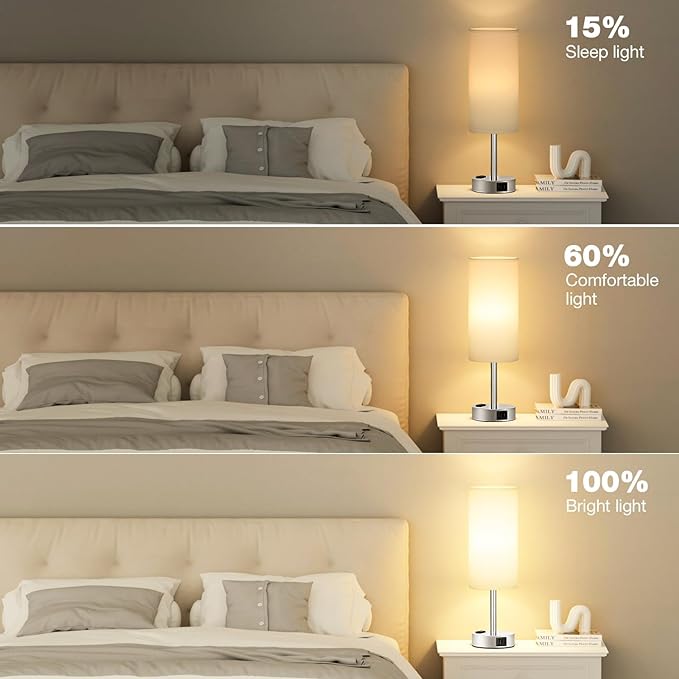 Fenmzee White Touch Bedroom Table Lamp - 3 Way Dimmable Bedside Lamp USB C A Charging Ports and AC Outlet, Small Lamp Nightstand with Silver Base for Living Room, Office Desk, LED Bulb Included