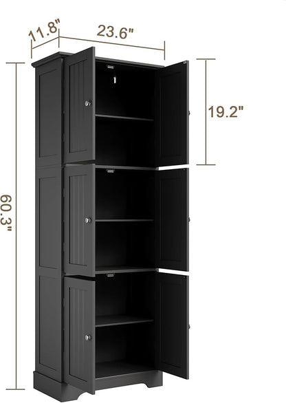 ChooChoo Tall Bathroom Storage Cabinet with 6 Doors, Freestanding Floor Cabinet with Adjustable Shelves, Black Pantry Cabinet for Bathroom, Kitchen, Laundry Room