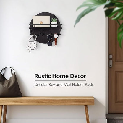 Nekon Rustic Key & Mail Organizer, Circular Wooden Key Hanger with 6 Hooks & Shelf - Wall Mount Entryway Hallway Kitchen (Black)