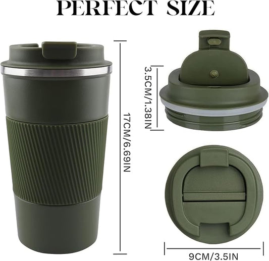 YINBAOGE Insulated Travel Coffee Mug, Spill & Leak Proof, Portable To Go Camping Stainless Steel Coffee Tumbler, Reusable Thermal Coffee Cup with Lid for Hot & Cold Drinks (Green, 17 OZ)
