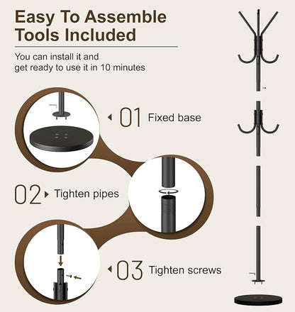 MISSLO Heavy Duty Coat Rack Freestanding with Stable Wood Base Metal Coat Tree with 12 Hooks Coats Hanger Stand Adjustable Clothes Tree for Jackets, Hats, Bags Standing Purse Rack for Bedroom, Office