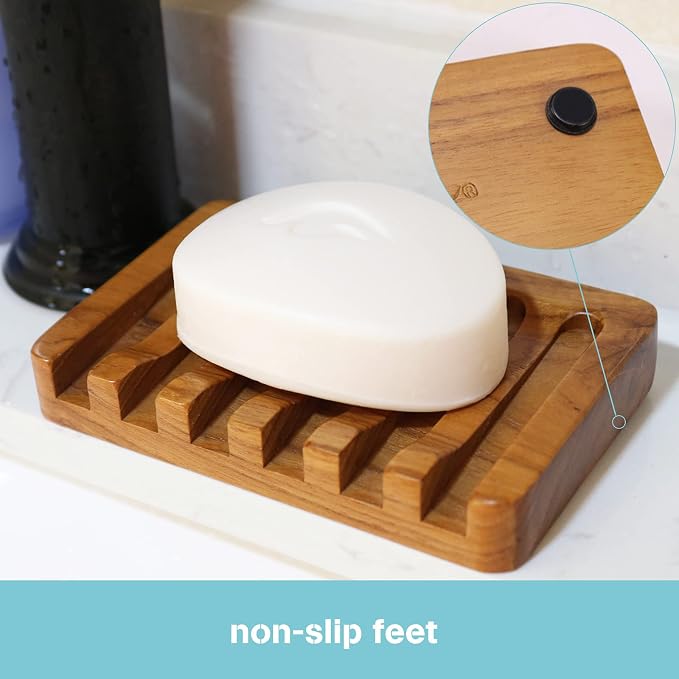 Soap Dish with Slanted Waterfall Design by HTB, Bar Soap Holder Teak Wood, Soap Saver for Shower, Bathroom, Sink, Kitchen and Countertop