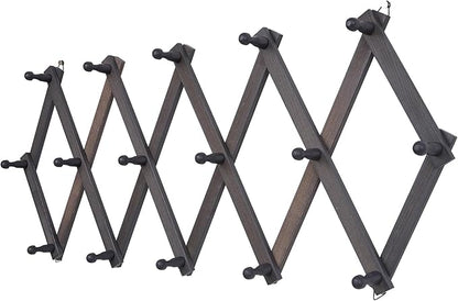 Rustic Wall Mounted Hat Rack with Space Saving Accordion Design, Expandable Hat Holder with 16 Wood Hooks, Modern Farmhouse Wall Hanger for Mug, Coat, Bags(Shabby Grey)