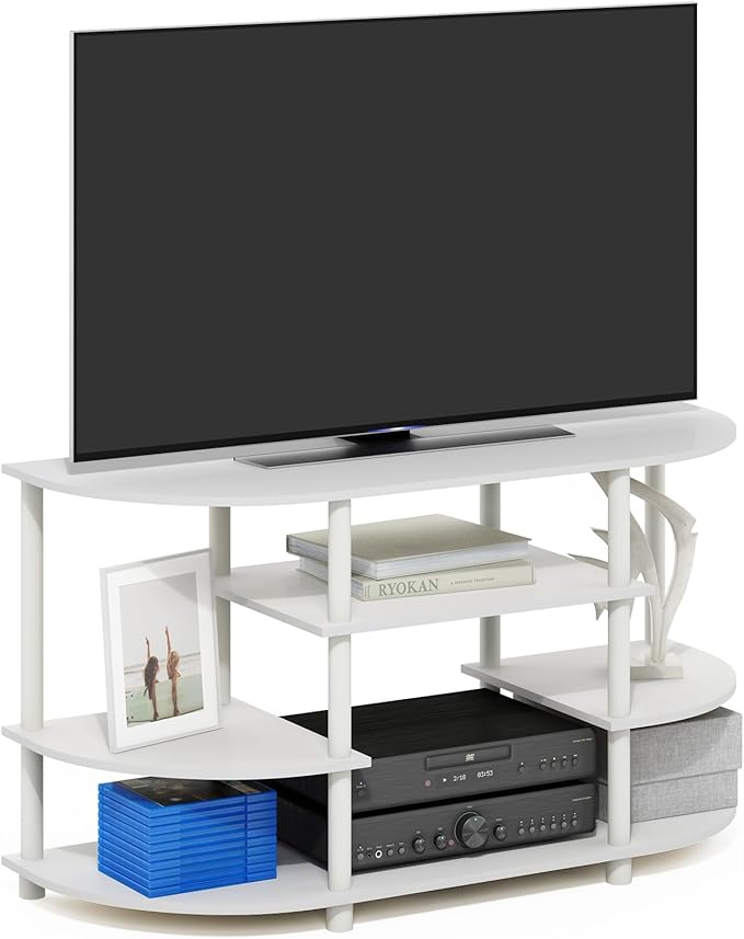 Furinno Jaya TV Stand, 4-Tier Toolless Assembly Corner Entertainment Center with Round Edges, TV Console for TV up to 44 Inch, Open Shelf Design, for Living Room, Bedroom, White