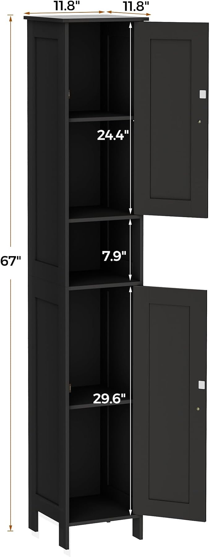 Homleke Tall Bathroom Storage Cabinet with 2 Doors, 67"H Narrow Storage Cabinet with Adjustable Shelves& Anti-Tip Design, Reversible Door Installation, Easy Assembly, 11.8 x 11.8 x 66.9 Inches, Black