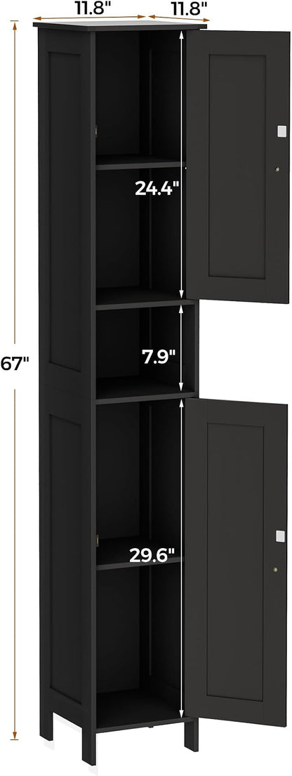 Homleke Tall Bathroom Storage Cabinet with 2 Doors, 67"H Narrow Storage Cabinet with Adjustable Shelves& Anti-Tip Design, Reversible Door Installation, Easy Assembly, 11.8 x 11.8 x 66.9 Inches, Black