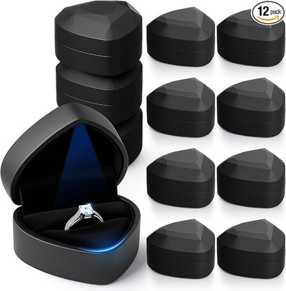 Yinkin 12 Pcs Black Velvet Jewelry Boxes LED Light Display Ring Necklace Bracelet Chain Gift Box Bulk Wedding Proposal Anniversary (Ring Box,Heart Shape)