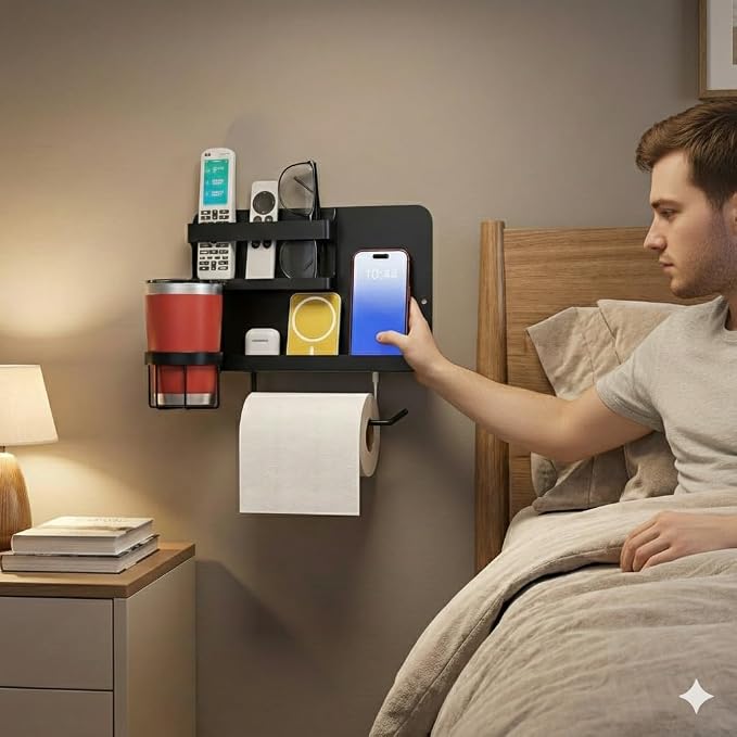 Bedside Shelf for Bed, Metal Floating Nightstand Wall Organizer, No Drill Dorm Room Essentials, Heavy Duty Caddy with Cup Holder & Charging Station for Bunk Bed, Loft, Remote - Matte Black