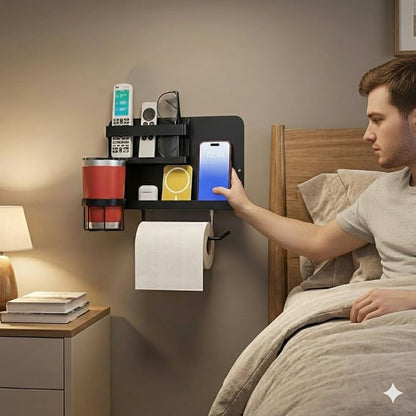 Bedside Shelf for Bed, Metal Floating Nightstand Wall Organizer, No Drill Dorm Room Essentials, Heavy Duty Caddy with Cup Holder & Charging Station for Bunk Bed, Loft, Remote - Matte Black