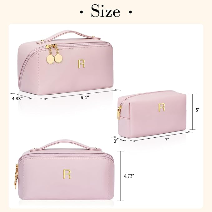 Valentine's Day Gifts for Women Teen Girl, Personalized Initial Makeup Organizer Bag Set, Open Flat Travel Cosmetic Bag With Clear Divider and Handle(Pink,R)