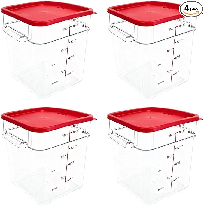 4 Pack Food Storage Containers with Red Lids, 18.0 Qt - Square, Clear, Polycarbonate, for Restaurant Commercial Kitchen and Home party