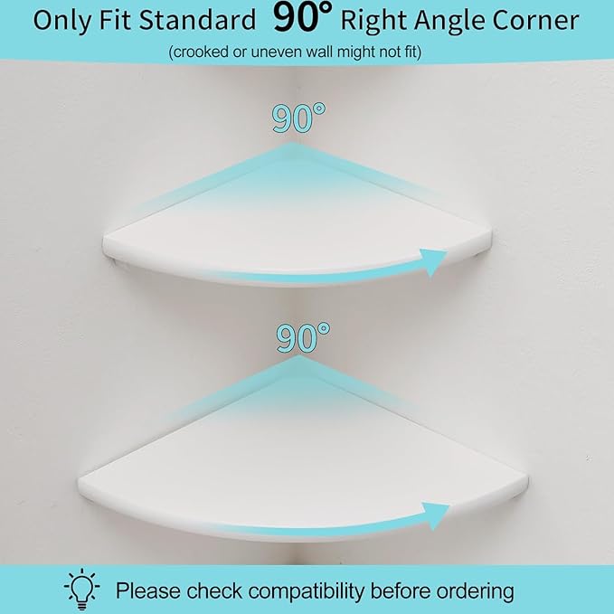 Conamily Corner Shelves, Floating Corner Shelf, Set of 2 Solid Oak Wood Wall Shelves, Round End Wall Mount with Wire Hole Shelving for Small Plant for Bedroom Kitchen, Living Room White