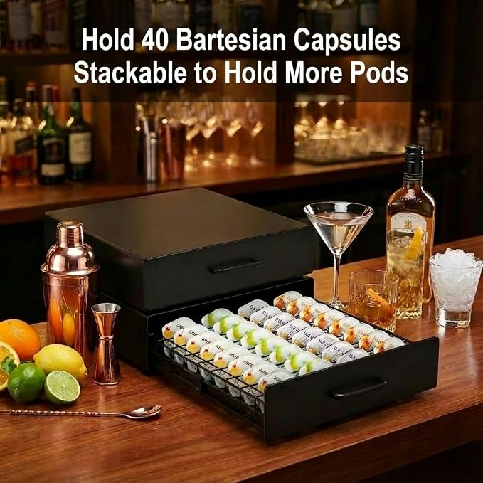 Storage Drawer for Bartesian Pods, Cocktail Pod Holder for Bartesian Capsules Compatible with Bartesian Cocktail Machine, Hold 40 Pods, Countertop Organizer Bar Accessories- Black