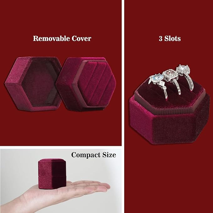 Wedding Ring Box 3 Slots - Hexagon Velvet Ring Box, Detachable Lid Three Slots Jewelry Ring Gift Box, Gorgeous Vintage Premium Ring Bearer Boxes for Proposal Engagement