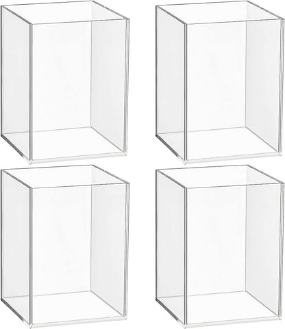 4-Piece Clear Acrylic Pen Holder & Pencil Cup - Makeup Brush Holder - Desktop Stationery Organizer for Office, School, Home - 4 Pack, Square