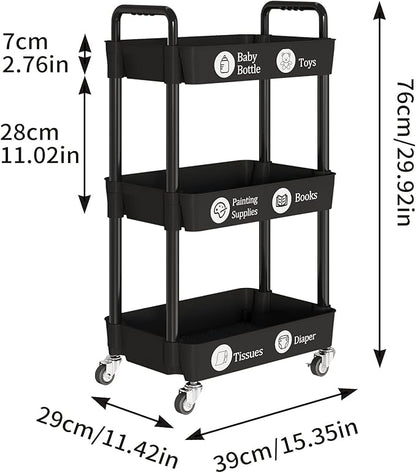Laiensia 3-Tier Storage Carts,Multifunction Utility Rolling Cart Kitchen Storage Organizer,Mobile Shelving Unit Cart with Lockable Wheels for Bathroom,Laundry,Living Room,With Classified Sticker,Black