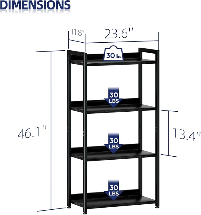 NUMENN Bookshelf, 4 Tier Bookshelves, Home Office Bookcase Shelf Storage Organizer, Free Standing Storage Shelving Unit for Bedroom, Living Room and Home Office, Black