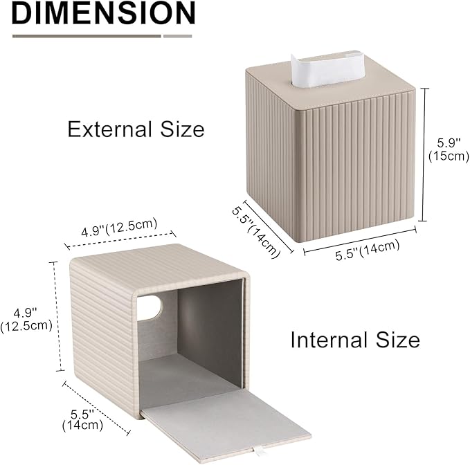 KINGFOM Tissue Box Cover, PU Leather Square Tissue Box Holder for Kleenexs with Magnetic Bottom Cover for Facial Tissues/Napkins, Office & Living Room Decor Box (Beige Strips)
