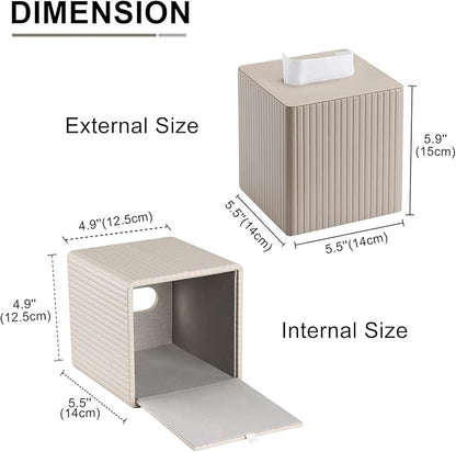 KINGFOM Tissue Box Cover, PU Leather Square Tissue Box Holder for Kleenexs with Magnetic Bottom Cover for Facial Tissues/Napkins, Office & Living Room Decor Box (Beige Strips)