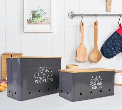 Potato and Onion Storage Bin Set of 2, Vented Metal Vegetable Storage with Wooden Lids, Farmhouse Kitchen Canisters for Countertop Pantry Organizer, Potato Bin Onion Holder for Produce Storage, Grey