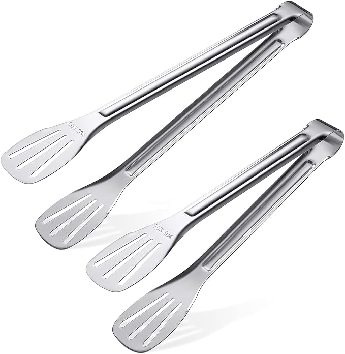 Kitchen tongs crafted from 304 stainless steel, effortlessly cleanable and food-grade safe. Ideal for cooking, salad preparation, barbecuing, frying and more. A splendid kitchen gift set (24cm + 29cm)