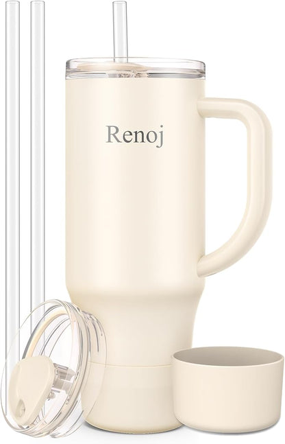 Renoj Tumbler with Handle 100% Spill Resistant Insulated Water Bottle for Iced Coffee & Hot Drinks - Fits Car Cup Holder, Ideal Gift, 2 Straws & Silicone Boot BPA-Free - FlexSlide White 32 oz