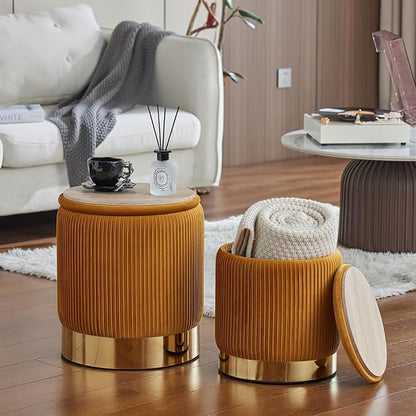 Round Ottoman with Storage Set of 2 Small Ottoman Coffee Table, Vanity Chair Foot Stool, Removable Lid, Hidden Storage, for Living Room, Bedroom, Hallway, Assembly Free (Orange)
